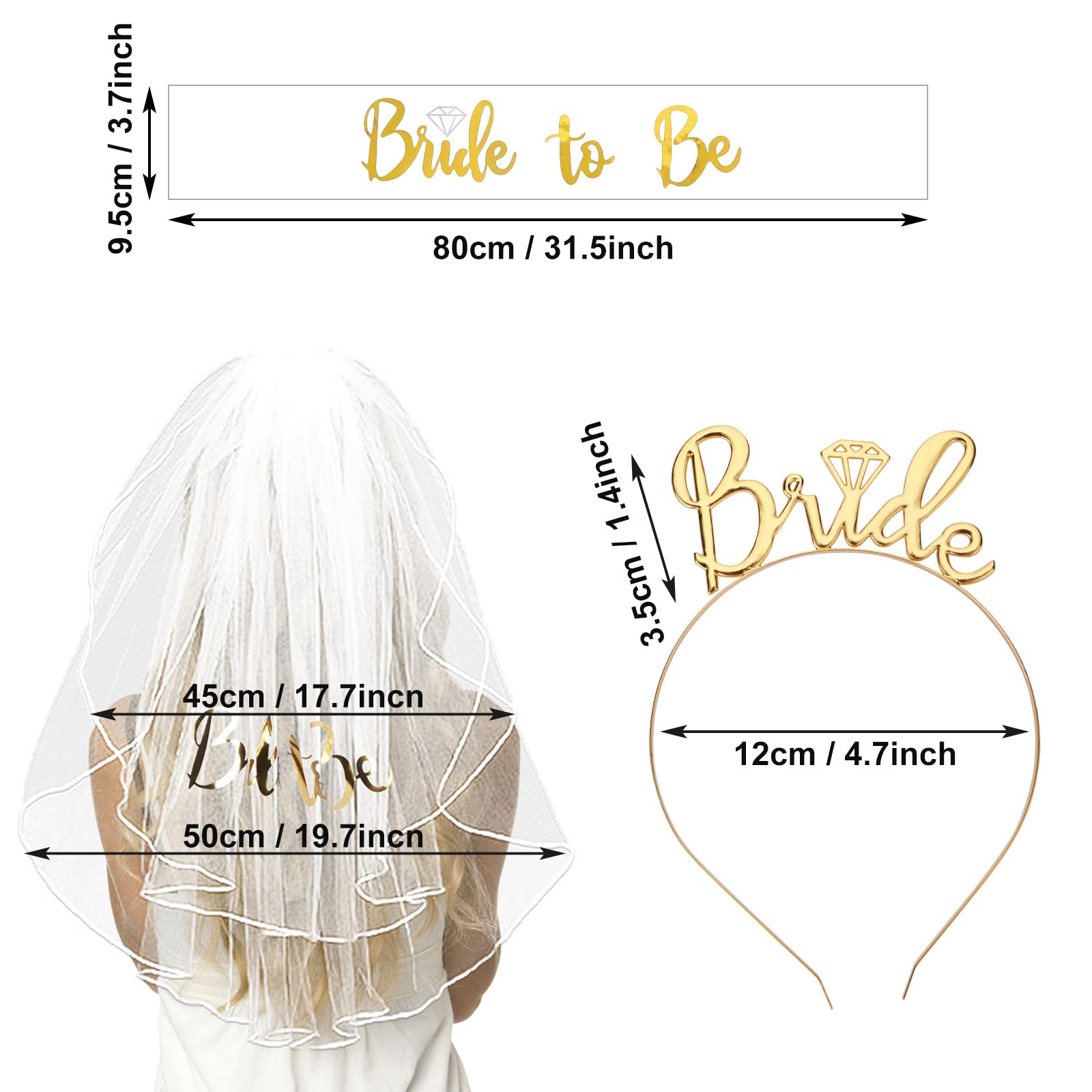 ASTER Bride to Be Set, Bride to Be Sash & Headband Tiara & Shoulder Length Veil Bachelorette Party Supplies Bridal Shower Decoration Accessories (White)