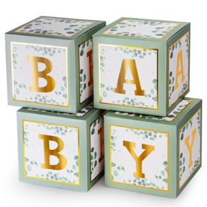 keencopper sage green baby boxes with gold letters for baby shower, 4 pcs safari baby shower decorations for boy girl balloon blocks birthday backdrop photo props, gender reveal party supplies favors