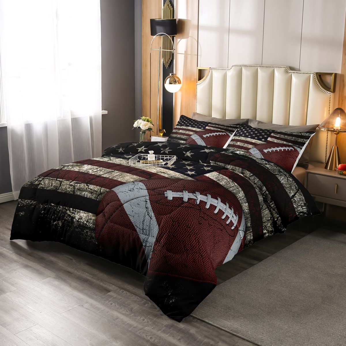 Erosebridal American Flag Bedding Set, Boys Football Comforter Set Twin Soccer Sports Games Down Comforter United States Federations Stars Stripes Duvet Sets for Kids Teens Adult Bedroom Decor