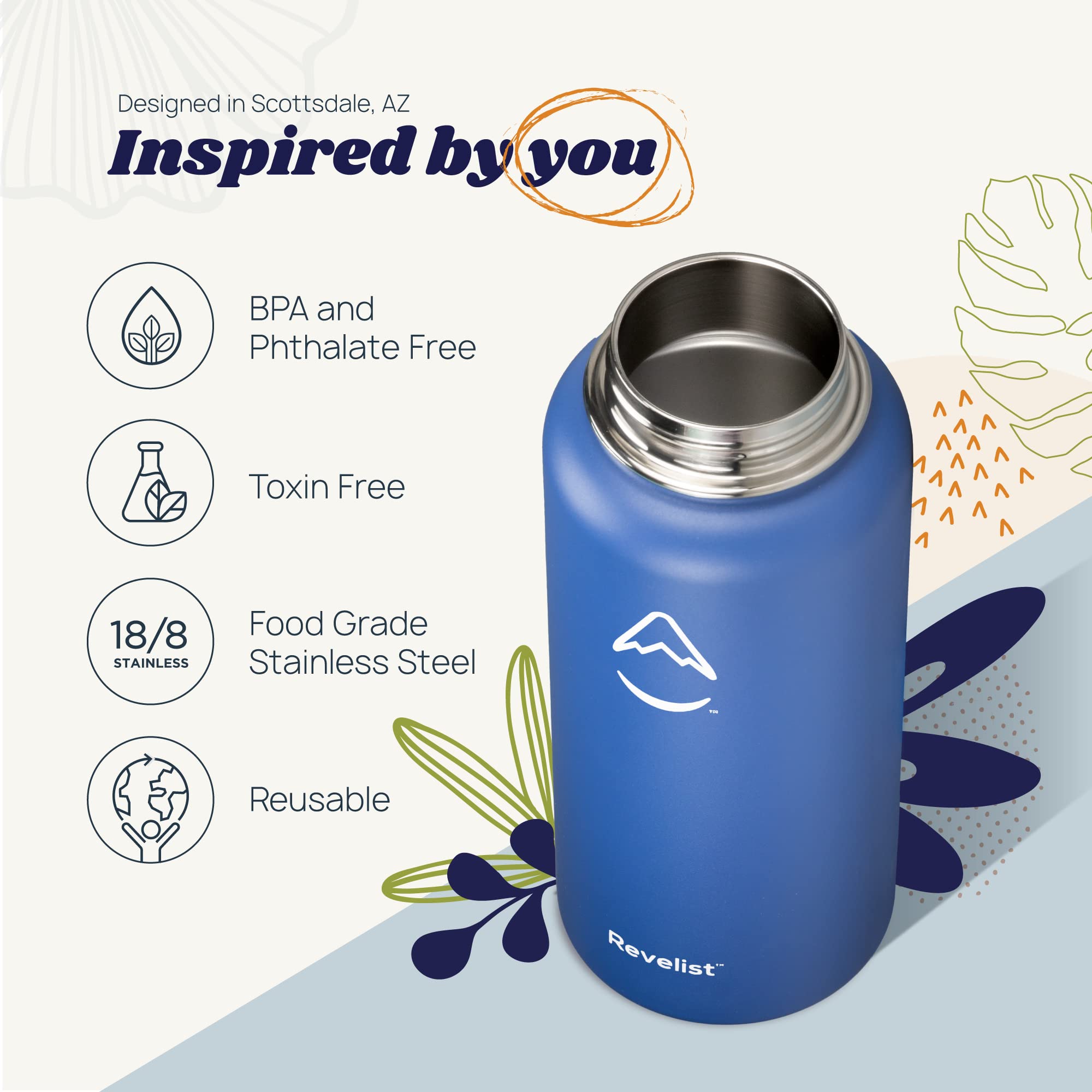 Revelist Sports Water Bottle - 32 Oz, 3 Lids (Straw Lid, Spout & Screw Top) with Boot, Vacuum Insulated Stainless Steel, Double Walled, Reusable Water Flask, Metal Canteen - Midnight Blue