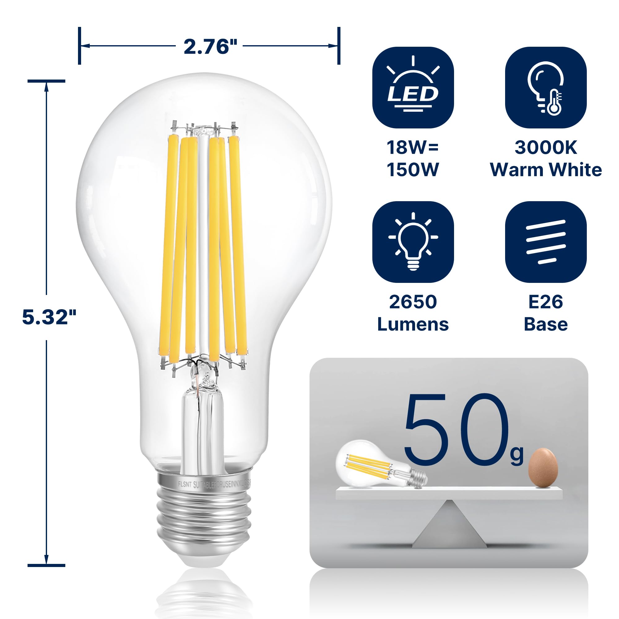 FLSNT 150W Equivalent Dimmable A23 LED Light Bulbs, 2650Lumens, Efficient 18W, 3000K Warm White, E26 Base, 4 Pack