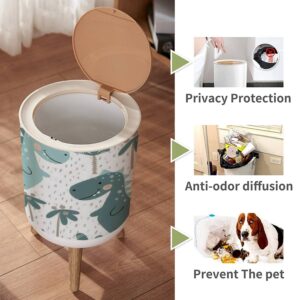 IBPNKFAZ89 Dinosaur Kids Small Cute Bathroom Trash Can with Lid, Kawaii Dog Child Proof Dino Palm Garbage Bin, Wood Waste Bin, Press Cover, Round Wastebasket, 8.66 x 14.3 inch