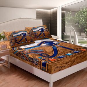 Egyptian Fitted Sheet Egypt Style Bedding Sets Navy Blue Eyes Bed Sheets For Boys Adults Ancient Egyptian Pyramids Pharaoh Top Flat Sheet Deep Pocket With 2 Pillow Cases Bedroom Decor Full