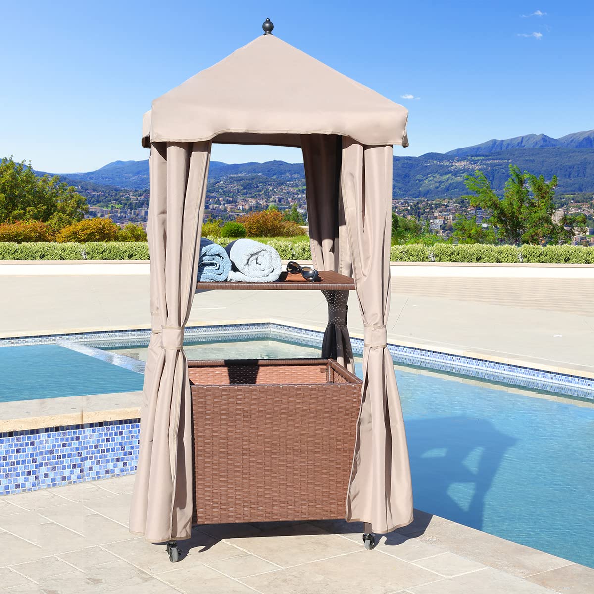 Barton Rolling Towel Caddy All-Wicker Outdoor Patio Pool Towel Cabinet Organizer Towel Valet Float Deck Rolling Holder Bench Pool Storage Caddy