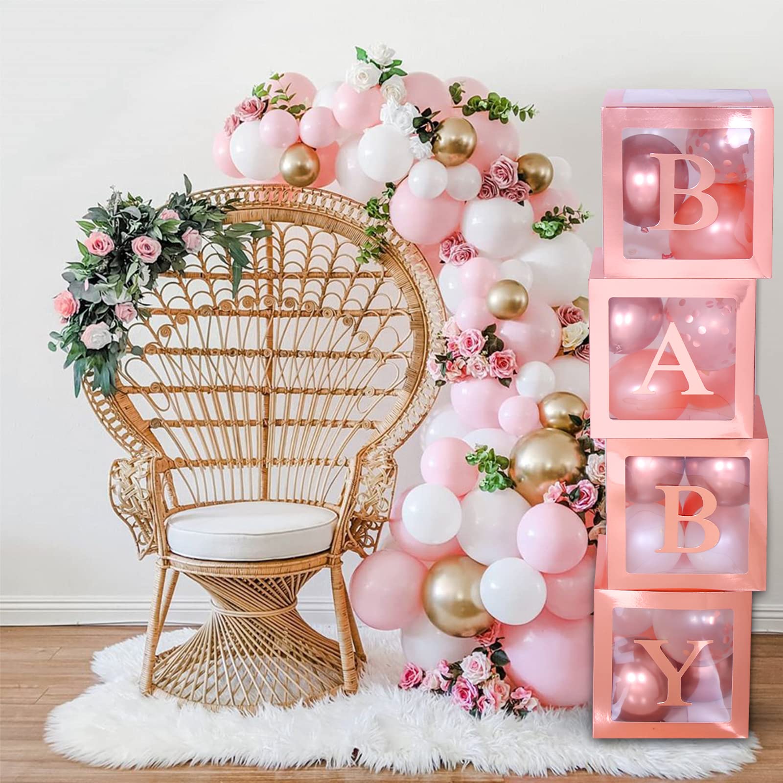 82PCS Rose Gold Baby Shower Decorations For Girl Kit - Jumbo Transparent Baby Block Balloon Box Includes BABY, Alphabet Letters DYI, White Gold Balloons, Gender Reveal 1st Birthday Party Backdrop