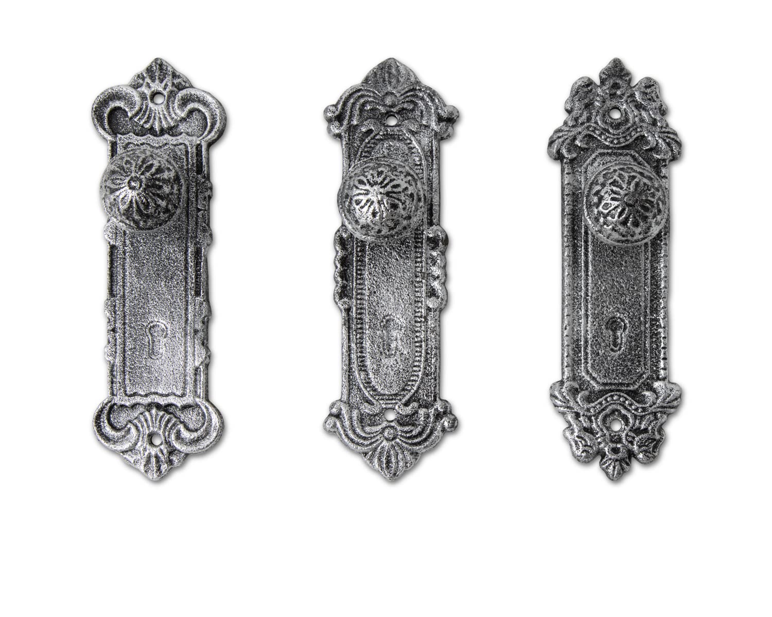 Shabby Chic Cast Iron Decorative Wall Mounted Hooks – Silver w/Black - Door Knob Coat Hooks for Wall - Set of 3 - Screws and Anchors Included - Antique Wall Hooks for Hanging Clothes