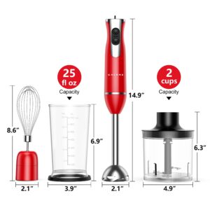 Galanz 4-in-1 Retro Immersion Hand Blender & Food Chopper with Whisk, 2 Speeds, Blending Beaker Included, Stainless Steel, 260W, Red