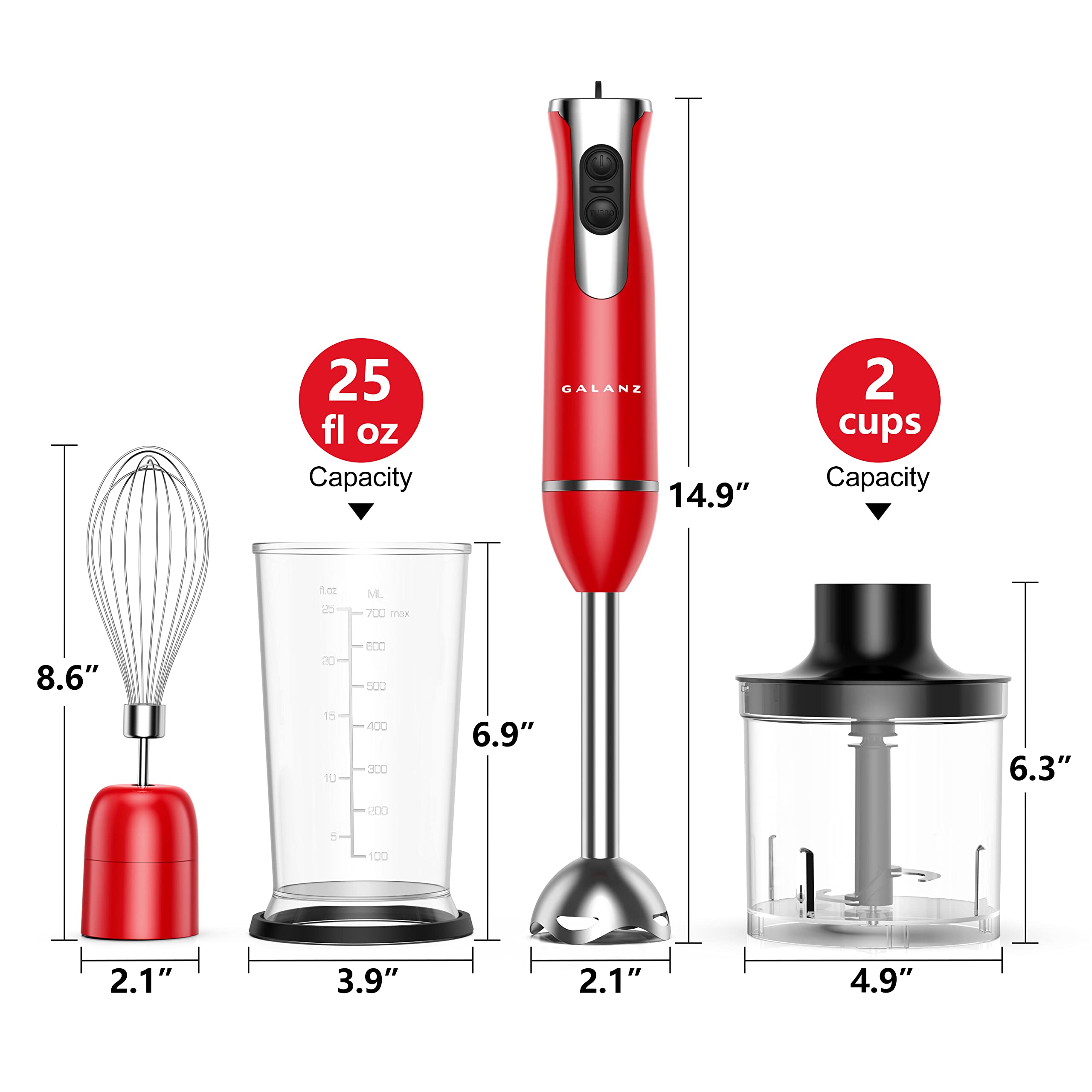 Galanz 4-in-1 Retro Immersion Hand Blender & Food Chopper with Whisk, 2 Speeds, Blending Beaker Included, Stainless Steel, 260W, Red