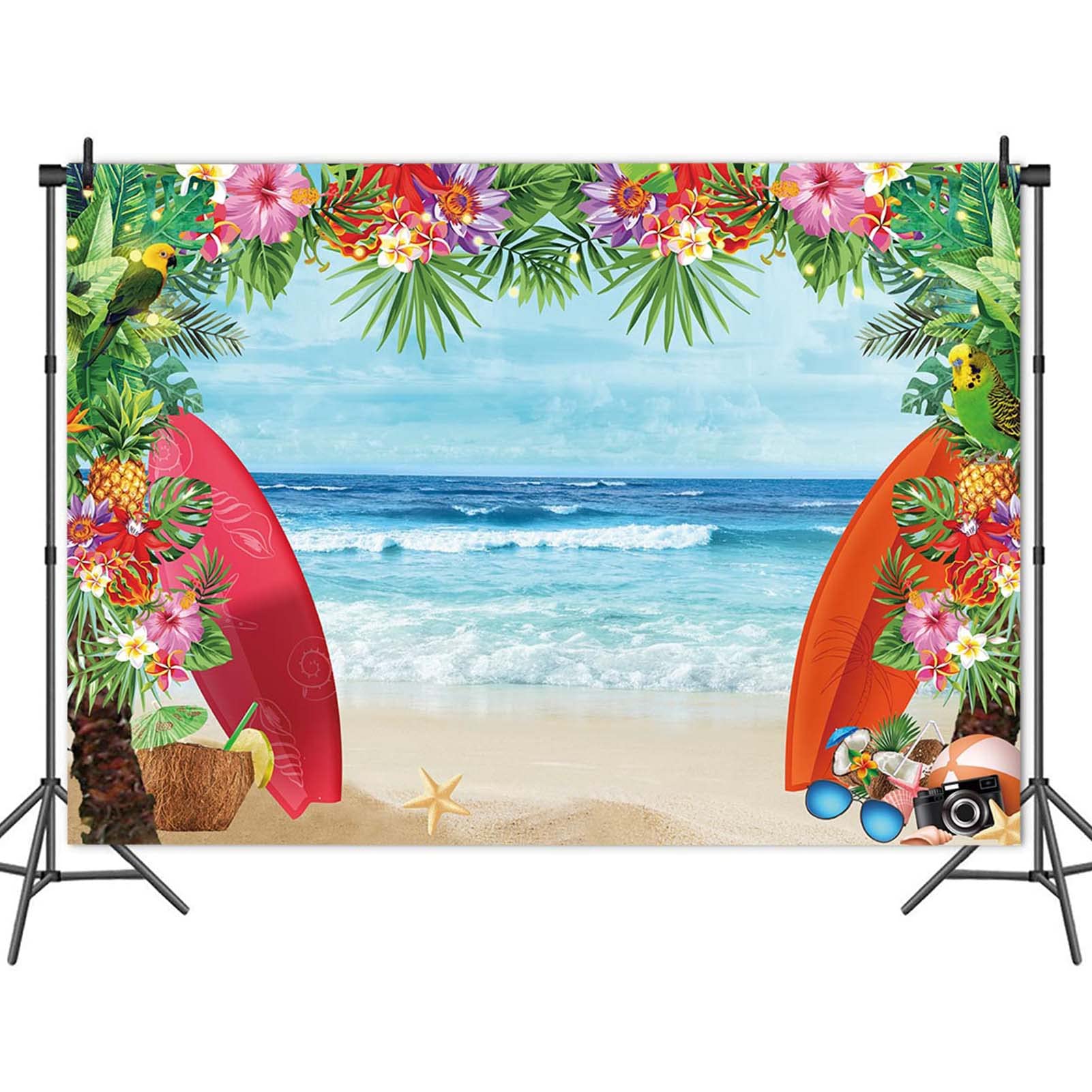 HQM Summer Tropical Beach Theme Photo Background 5X3FT Fabric Beach Conch Hawaii Blue Sea Flower Children Birthday Luau Party Photography Backdrop Kids Baby Shower Cake Table Decor Studio Shoot Props