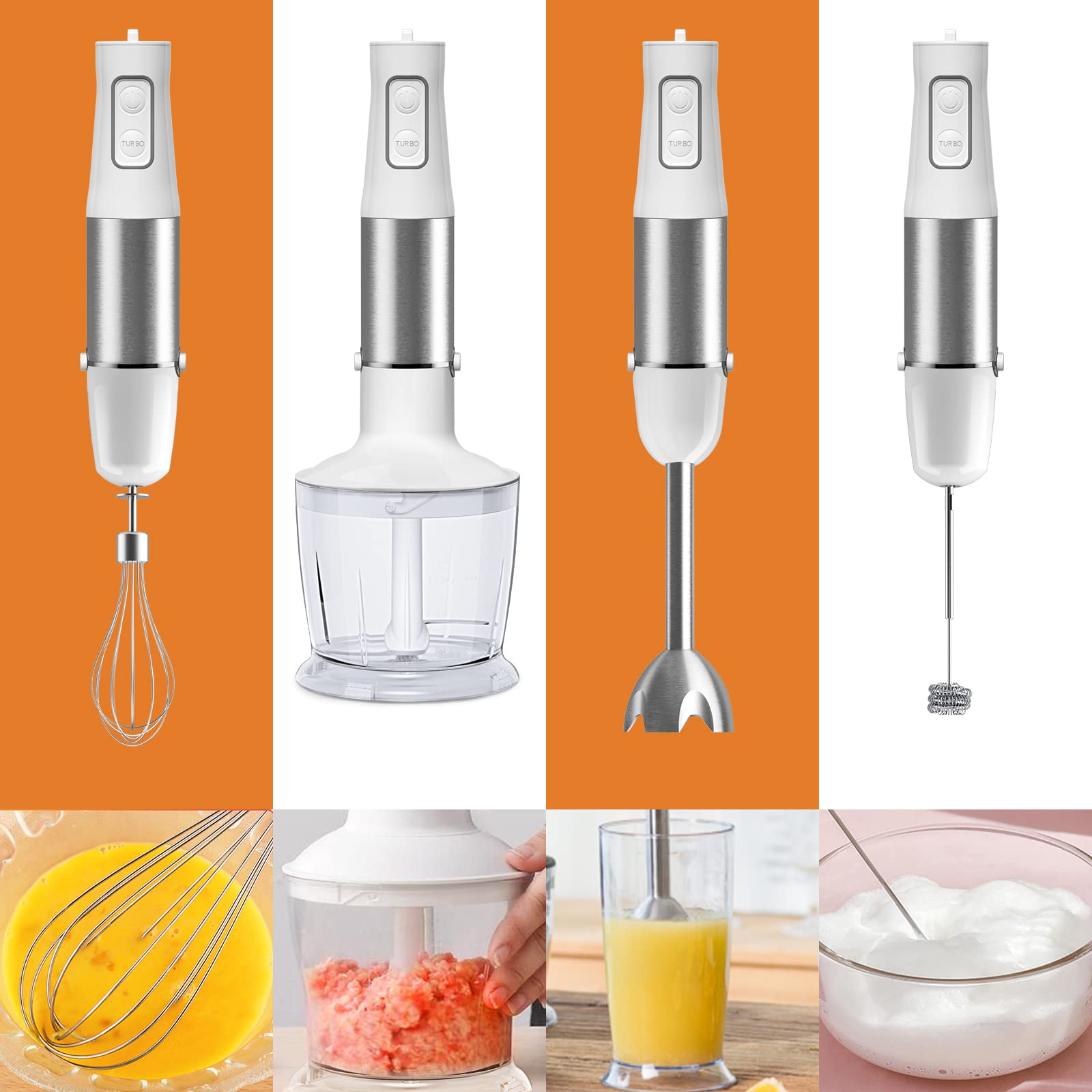 Enfmay 5-in-1 Immersion Hand Blender, 500W 6-Speed Handheld Stick Blender with Stainless Steel Blades,Whisk & Milk Frother, BPA-Free Chopper Beaker for Soups, Smoothies, Sauces, Baby Foods, White