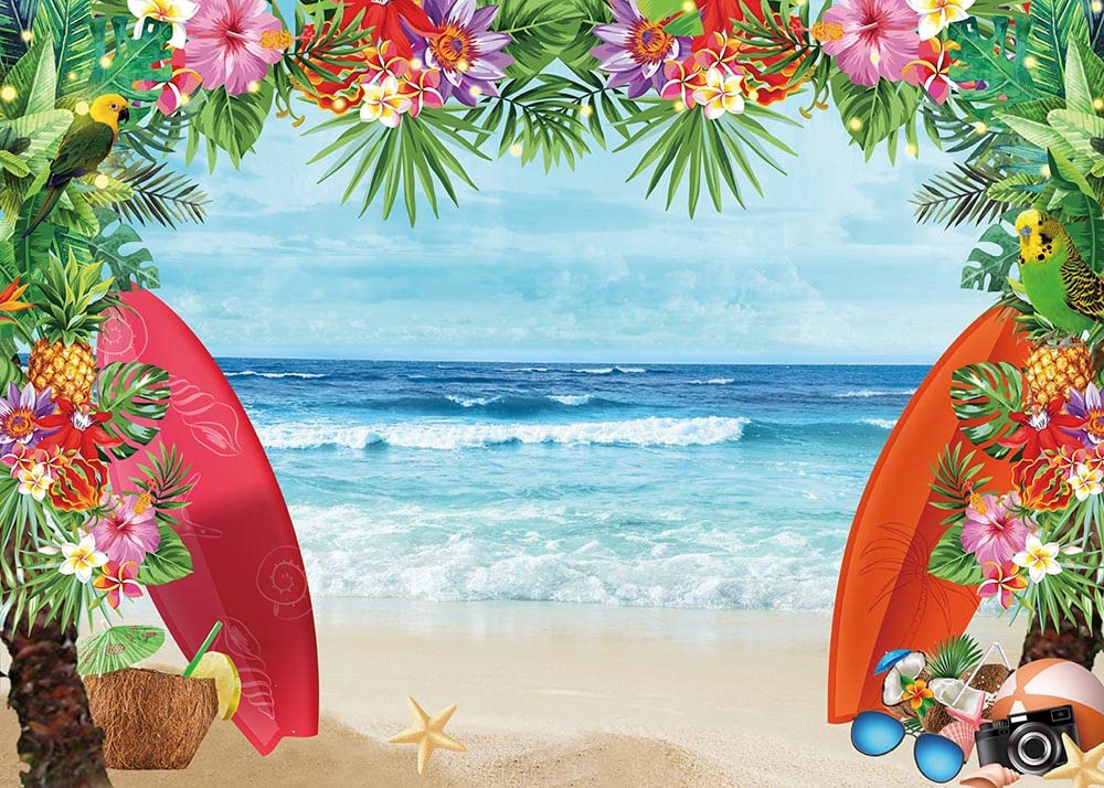 HQM Summer Tropical Beach Theme Photo Background 5X3FT Fabric Beach Conch Hawaii Blue Sea Flower Children Birthday Luau Party Photography Backdrop Kids Baby Shower Cake Table Decor Studio Shoot Props