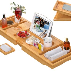 Artmalle Bathtub Caddy Tray for Tub,Foldable Bamboo Bath Table Tray with Book and Wine Glass Holder, Free Soap Dish Suitable for Luxury Spa or Reading,Natural