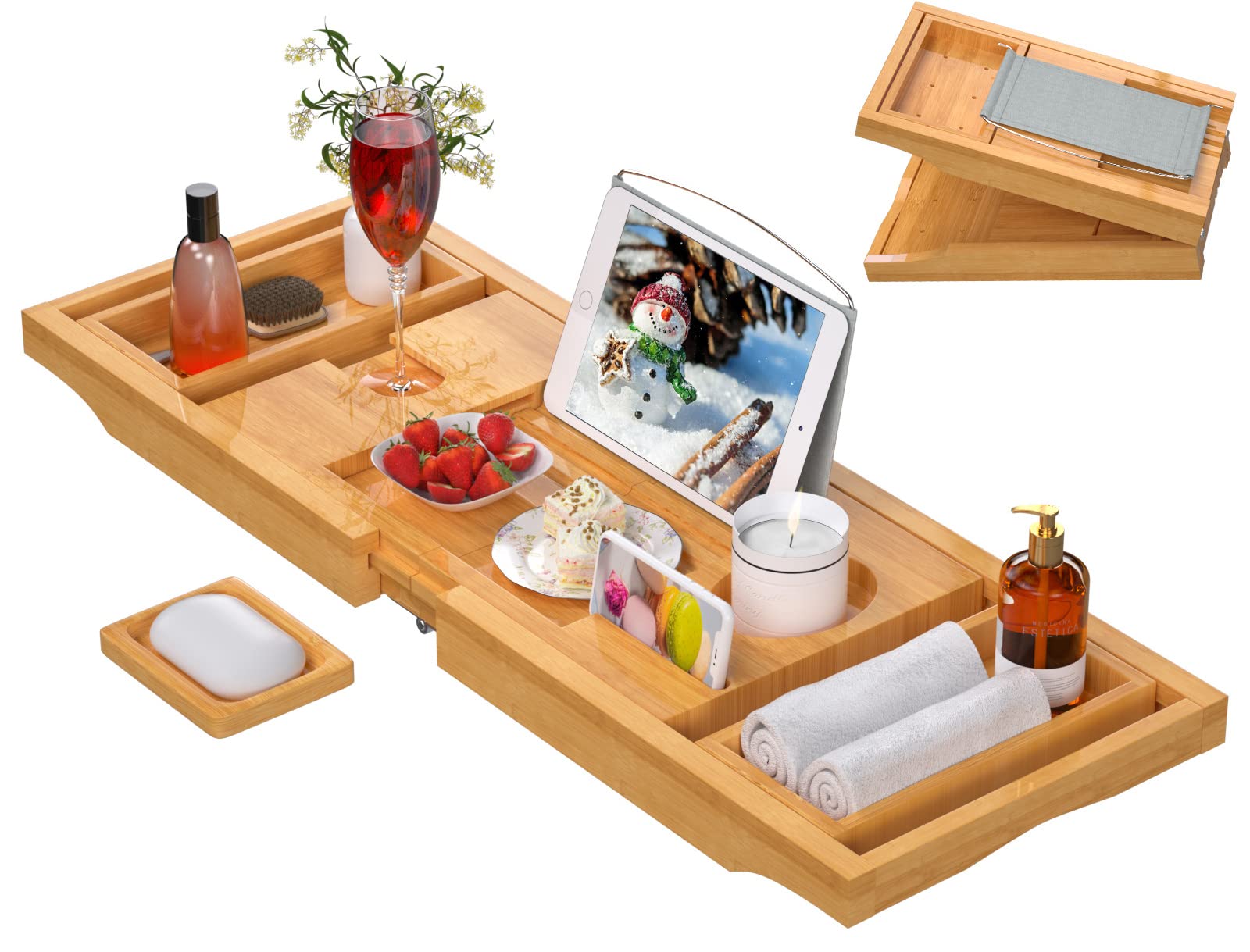 Artmalle Bathtub Caddy Tray for Tub,Foldable Bamboo Bath Table Tray with Book and Wine Glass Holder, Free Soap Dish Suitable for Luxury Spa or Reading,Natural