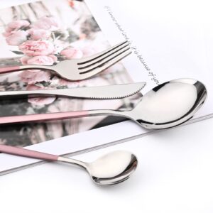 Snplowum Mirror Cutlery Serving Set, 24-piece 18/0 Stainless Steel Silverware With Pink Handle Simple & Modern Tableware For Home Party Restaurant Christmas Dinner, Service For 6 (Pink Silver)