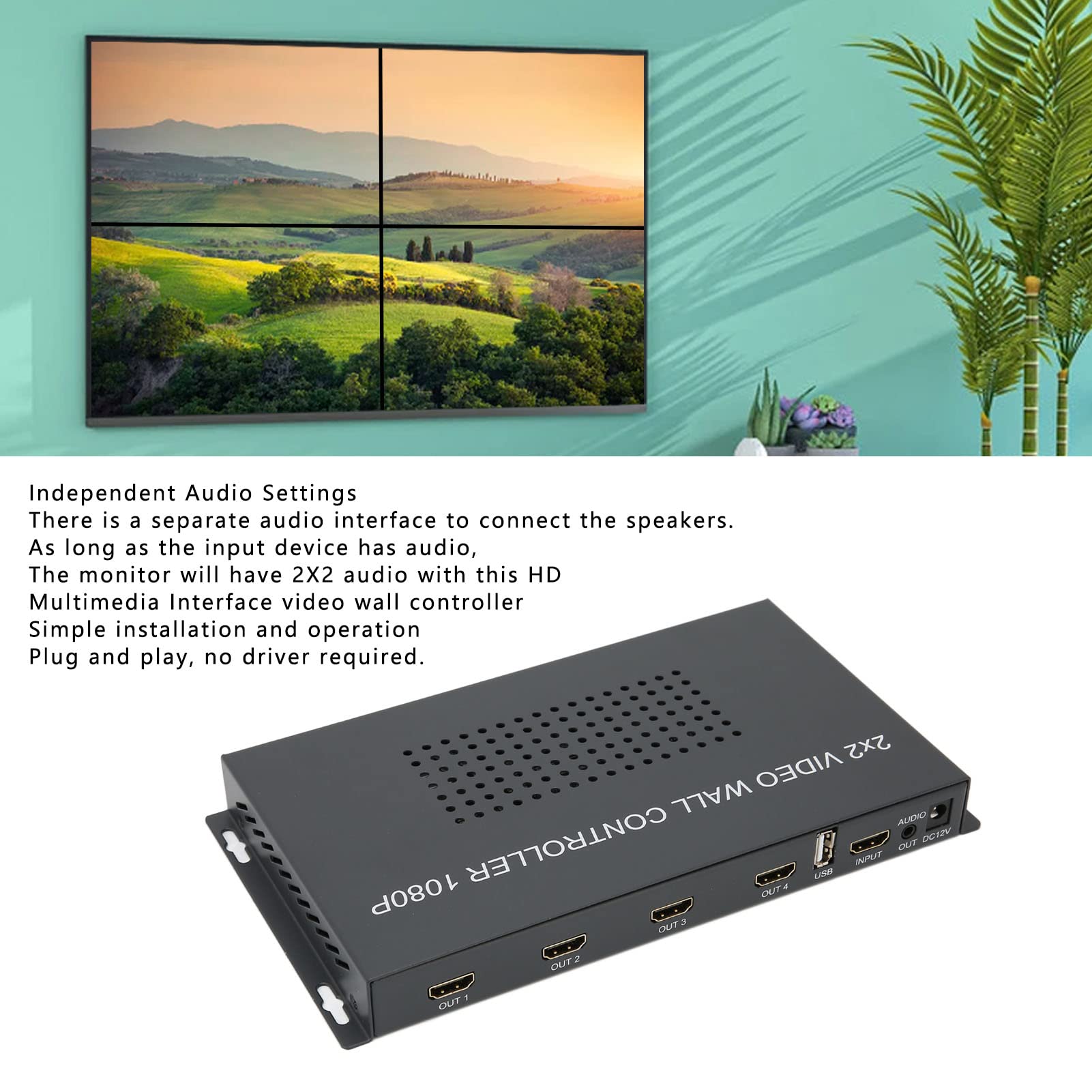 PUSOKEI LCD Video Wall Controller, 2X2 Video Image Processor, 1920x1080p 60HZ Screen Resolution, HDMI1.3 Input, 4 Output Support Splicing 2X1/3X1/4X1/1X2/1X3/1X4(US)