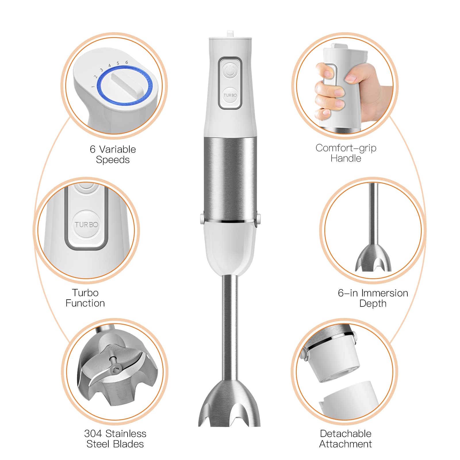 Enfmay 5-in-1 Immersion Hand Blender, 500W 6-Speed Handheld Stick Blender with Stainless Steel Blades,Whisk & Milk Frother, BPA-Free Chopper Beaker for Soups, Smoothies, Sauces, Baby Foods, White