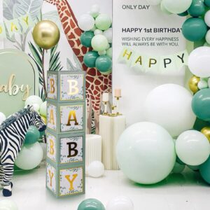 Keencopper Sage Green Baby Boxes with Gold Letters for Baby Shower, 4 pcs Safari Baby Shower Decorations for Boy Girl Balloon Blocks Birthday Backdrop Photo Props, Gender Reveal Party Supplies Favors