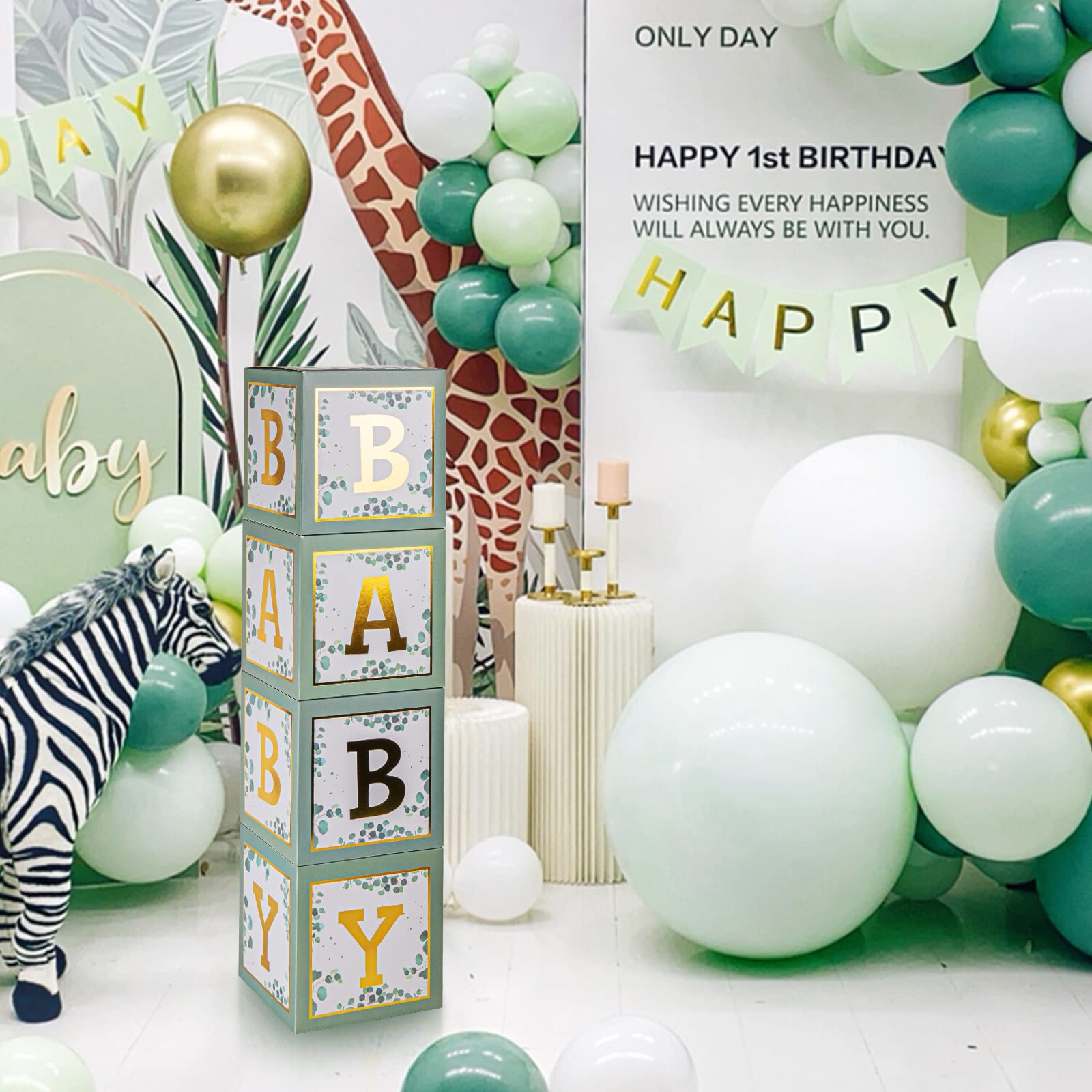 Keencopper Sage Green Baby Boxes with Gold Letters for Baby Shower, 4 pcs Safari Baby Shower Decorations for Boy Girl Balloon Blocks Birthday Backdrop Photo Props, Gender Reveal Party Supplies Favors