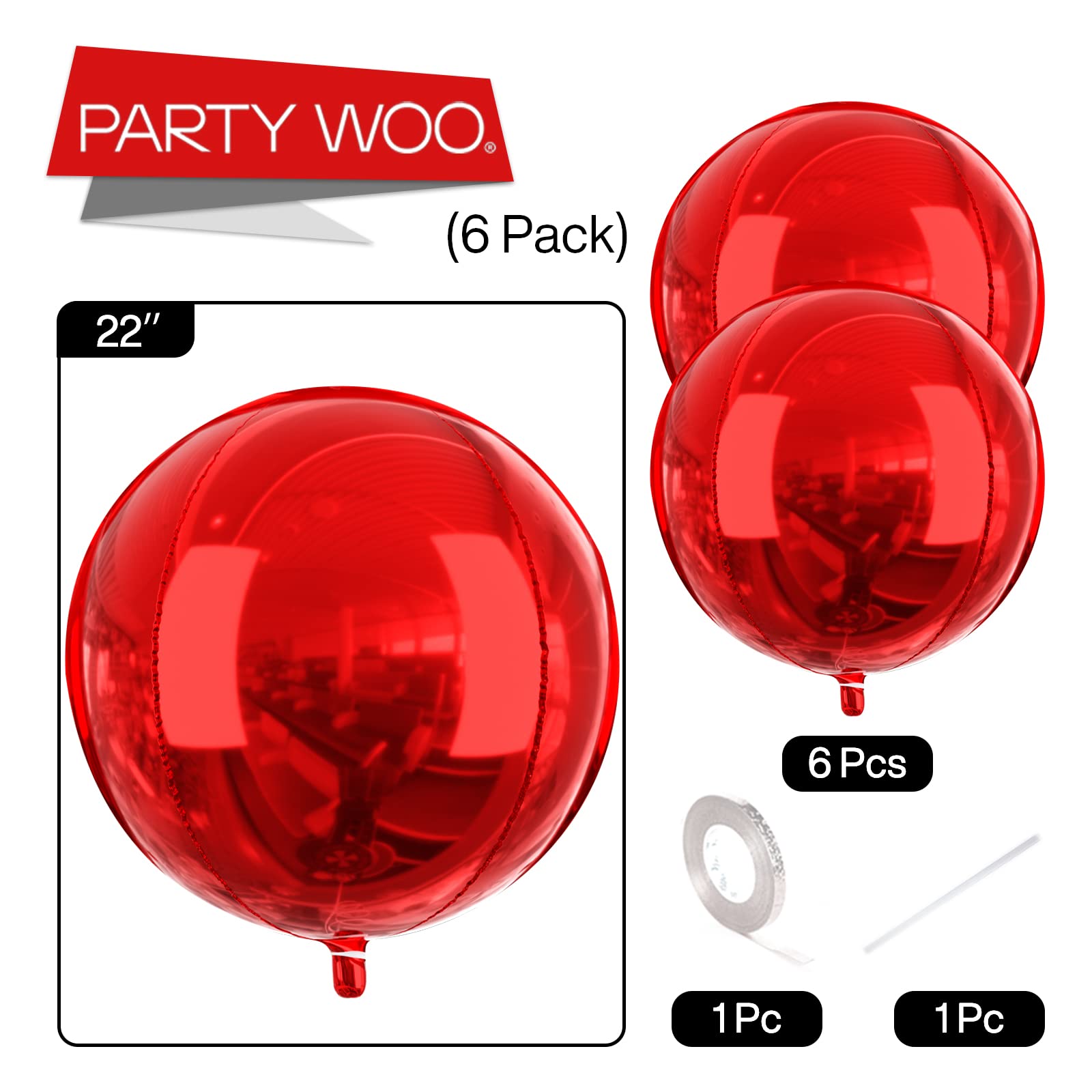 PartyWoo Red Balloons, 6 pcs Red Birthday Decorations, 22 inch Giant 4D Foil Balloons and Ribbon, Large Mylar Balloons, Metallic Red Balloons for Bachelorette Party, Bridal Shower