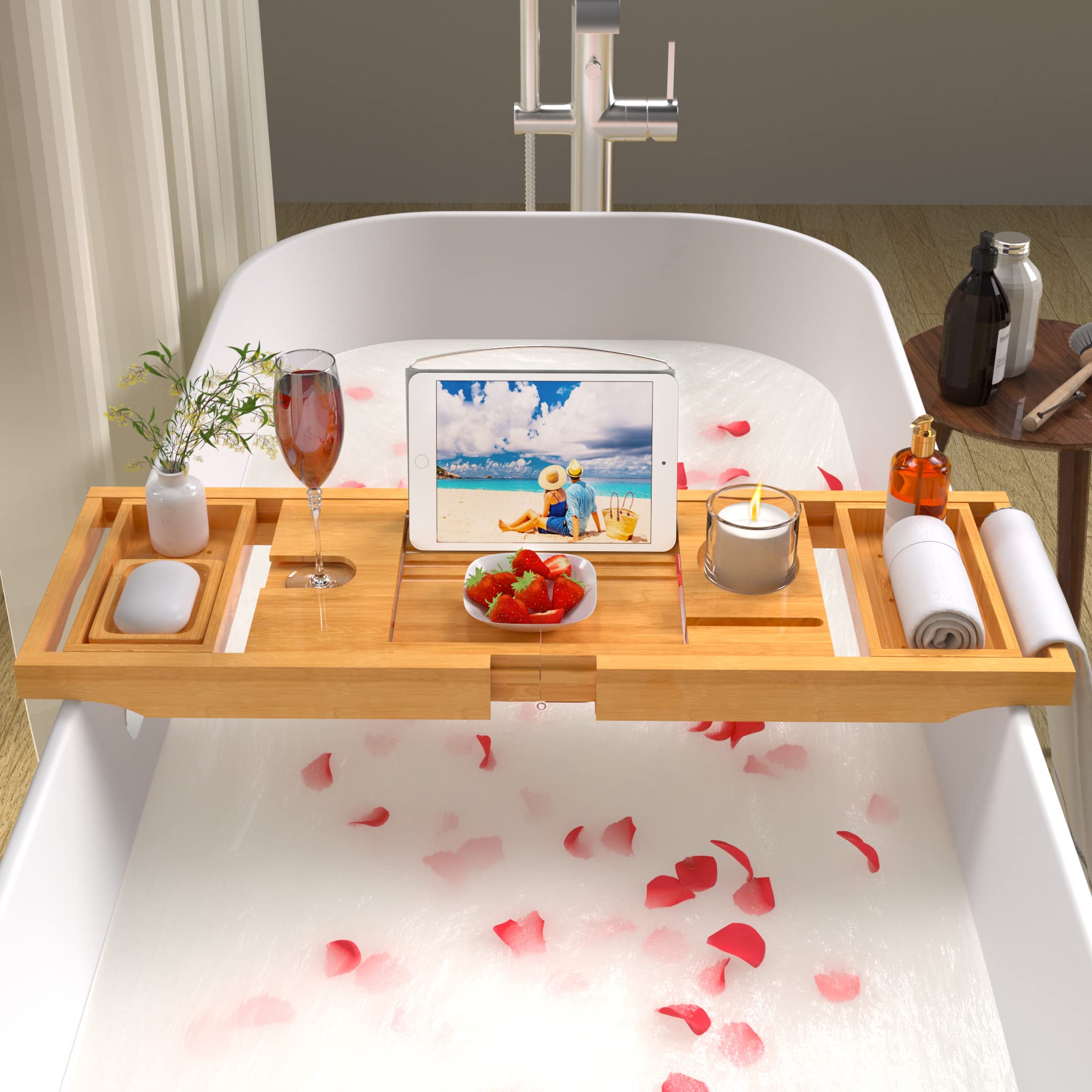 Artmalle Bathtub Caddy Tray for Tub,Foldable Bamboo Bath Table Tray with Book and Wine Glass Holder, Free Soap Dish Suitable for Luxury Spa or Reading,Natural