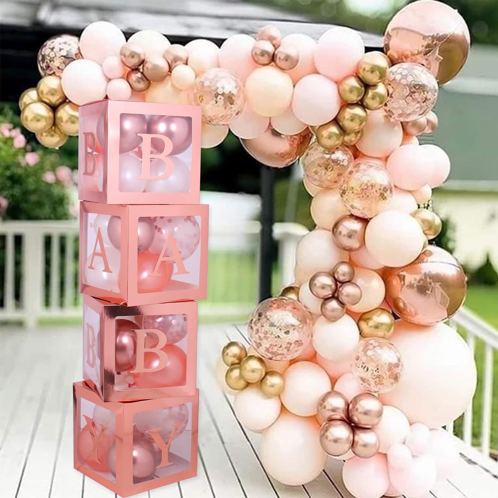 82PCS Rose Gold Baby Shower Decorations For Girl Kit - Jumbo Transparent Baby Block Balloon Box Includes BABY, Alphabet Letters DYI, White Gold Balloons, Gender Reveal 1st Birthday Party Backdrop