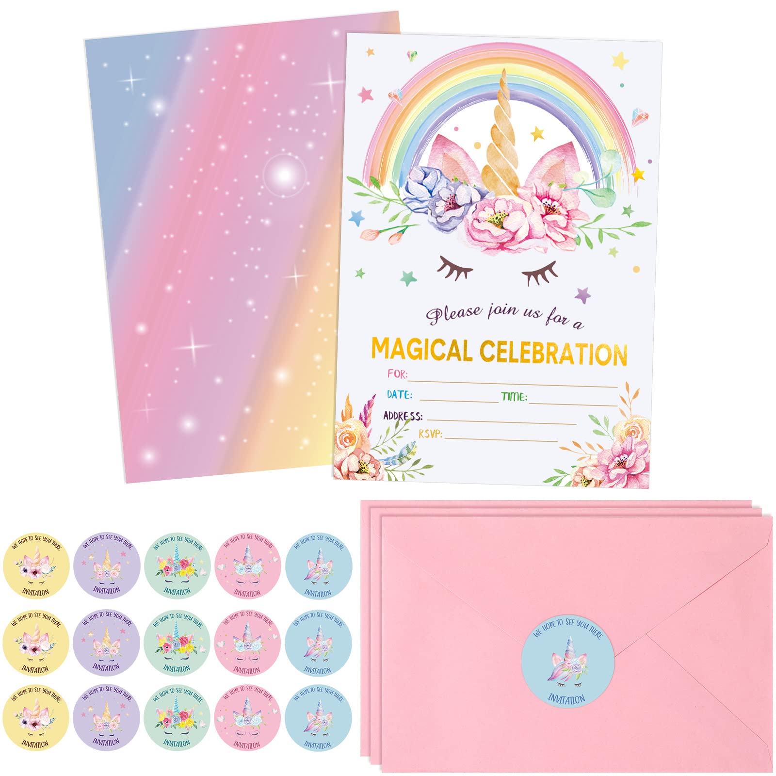 24 Pack Unicorn Birthday Invitation for Girls Boys Unicorn Party Invitation Card 24 Envelope 30 Rainbow Unicorn Sticker Labels for Birthday Baby Shower Party Supplies