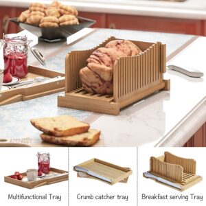 Bamboo Bread Slicer with Serrated Knife, Adjustable Bread Slicer Guide with 3 Thickness Size, Foldable Compact Chopping Cutting Board with Crumb Tray, Great for Homemade Bread, Cakes, Bagels