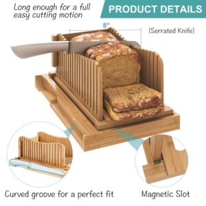 Bamboo Bread Slicer with Serrated Knife, Adjustable Bread Slicer Guide with 3 Thickness Size, Foldable Compact Chopping Cutting Board with Crumb Tray, Great for Homemade Bread, Cakes, Bagels