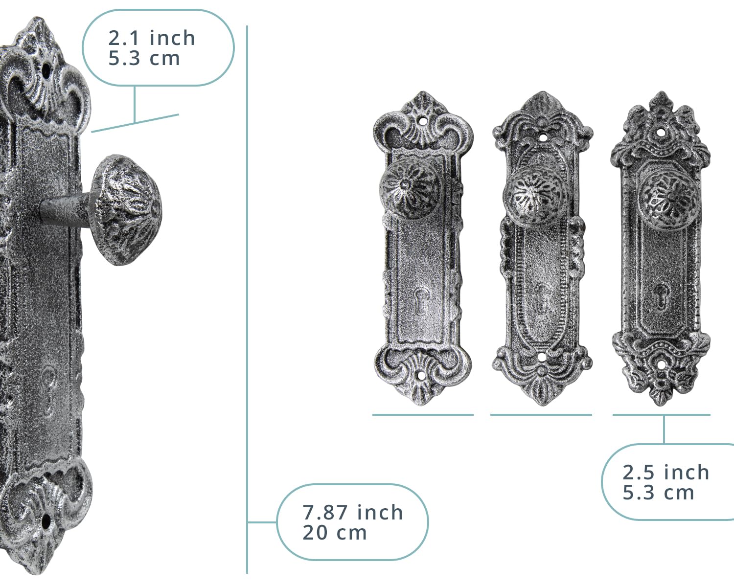 Shabby Chic Cast Iron Decorative Wall Mounted Hooks – Silver w/Black - Door Knob Coat Hooks for Wall - Set of 3 - Screws and Anchors Included - Antique Wall Hooks for Hanging Clothes