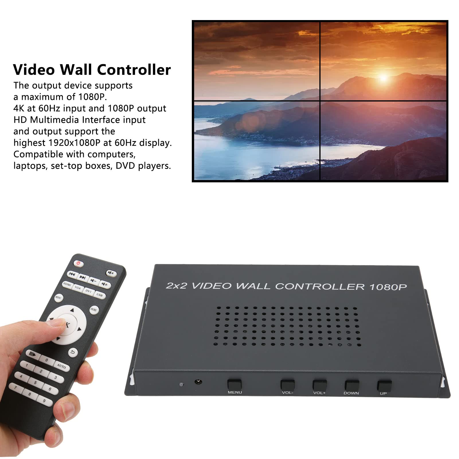 PUSOKEI LCD Video Wall Controller, 2X2 Video Image Processor, 1920x1080p 60HZ Screen Resolution, HDMI1.3 Input, 4 Output Support Splicing 2X1/3X1/4X1/1X2/1X3/1X4(US)