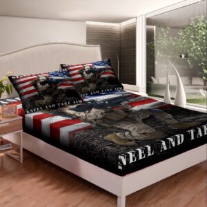 American Flag Bedding Sets Twin for Adult Teens Boys Camo Soldier Fitted Sheet Kids Men Vintage USA National Flag Fitted Bed Sheets Military Camouflage Grunge Stripes Beddings,No Flat/Top Sheet