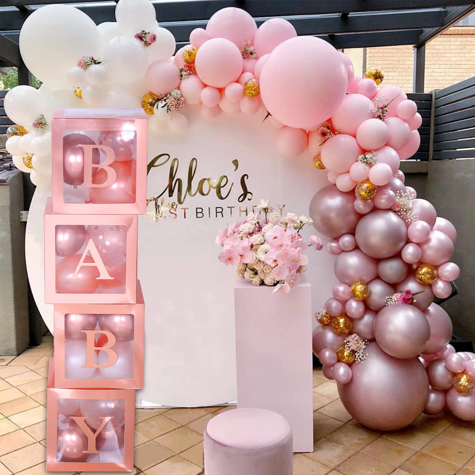 82PCS Rose Gold Baby Shower Decorations For Girl Kit - Jumbo Transparent Baby Block Balloon Box Includes BABY, Alphabet Letters DYI, White Gold Balloons, Gender Reveal 1st Birthday Party Backdrop