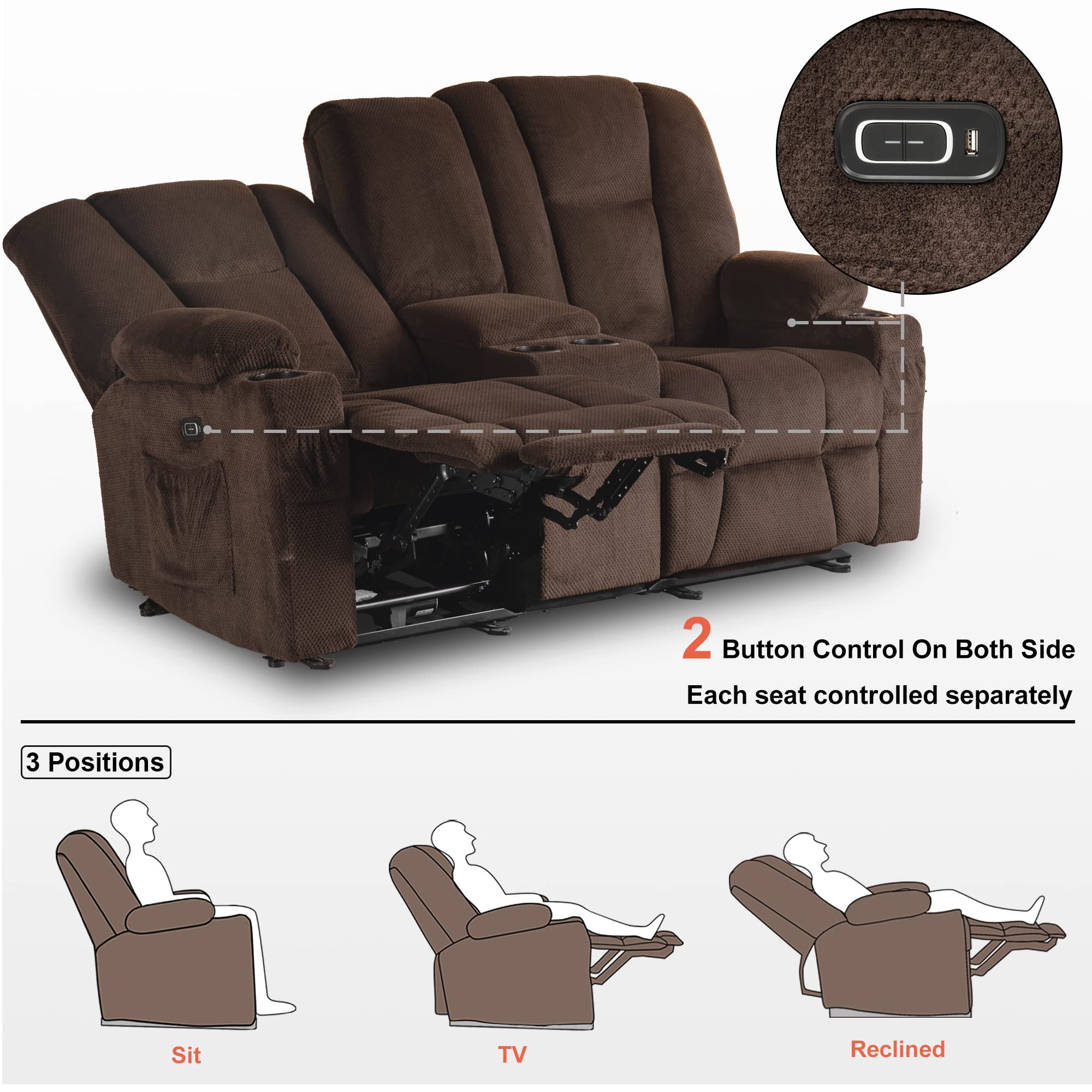 MCombo Fabric Power Loveseat Recliner with Console, Electric Reclining Loveseat Sofa with Heat and Massage, Cup Holders, USB Charge Port for Living Room 6045 (Brown)