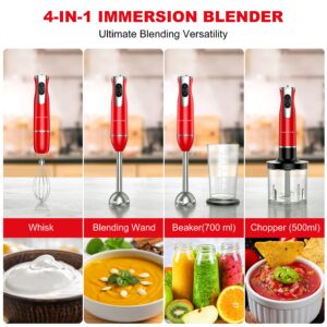 Galanz 4-in-1 Retro Immersion Hand Blender & Food Chopper with Whisk, 2 Speeds, Blending Beaker Included, Stainless Steel, 260W, Red