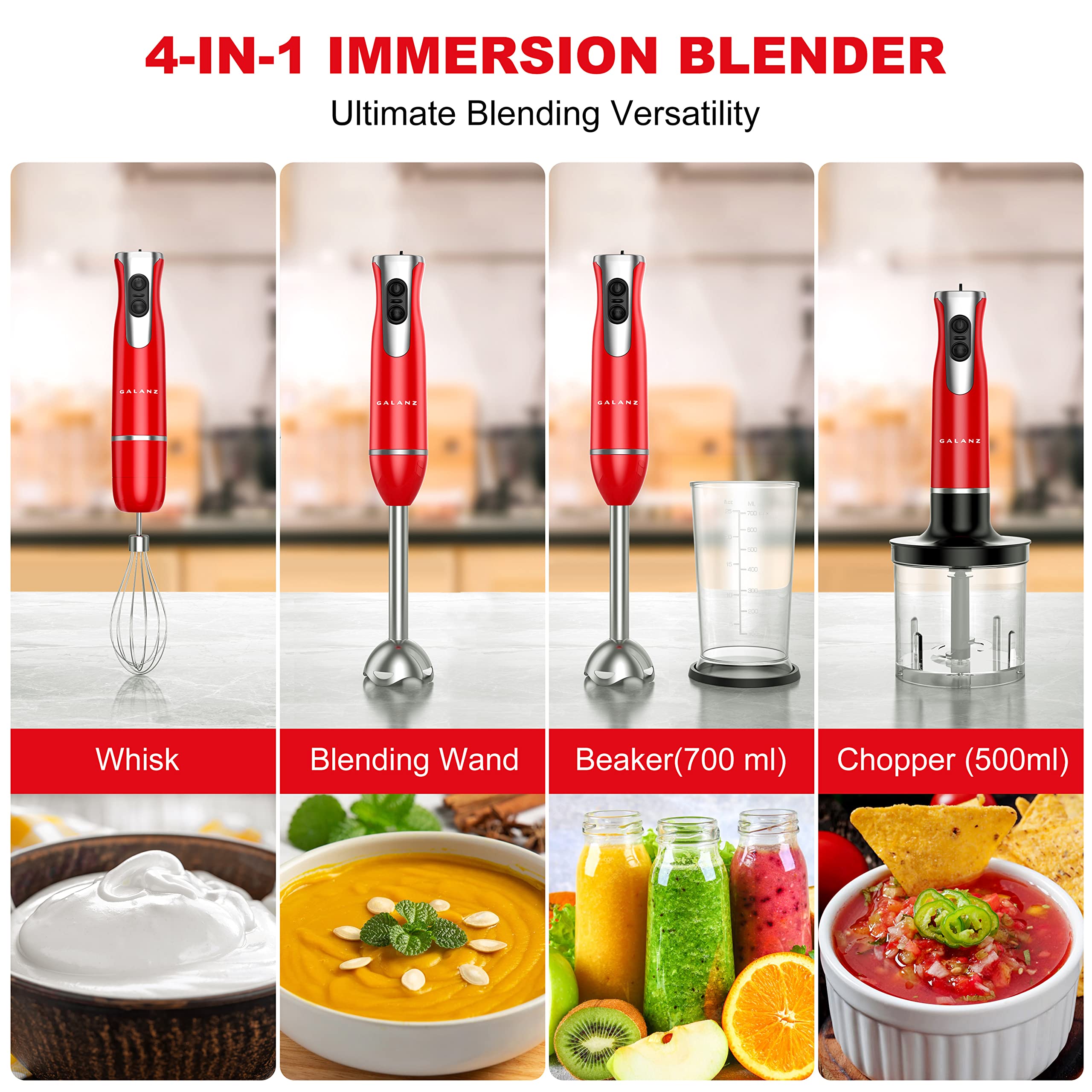 Galanz 4-in-1 Retro Immersion Hand Blender & Food Chopper with Whisk, 2 Speeds, Blending Beaker Included, Stainless Steel, 260W, Red