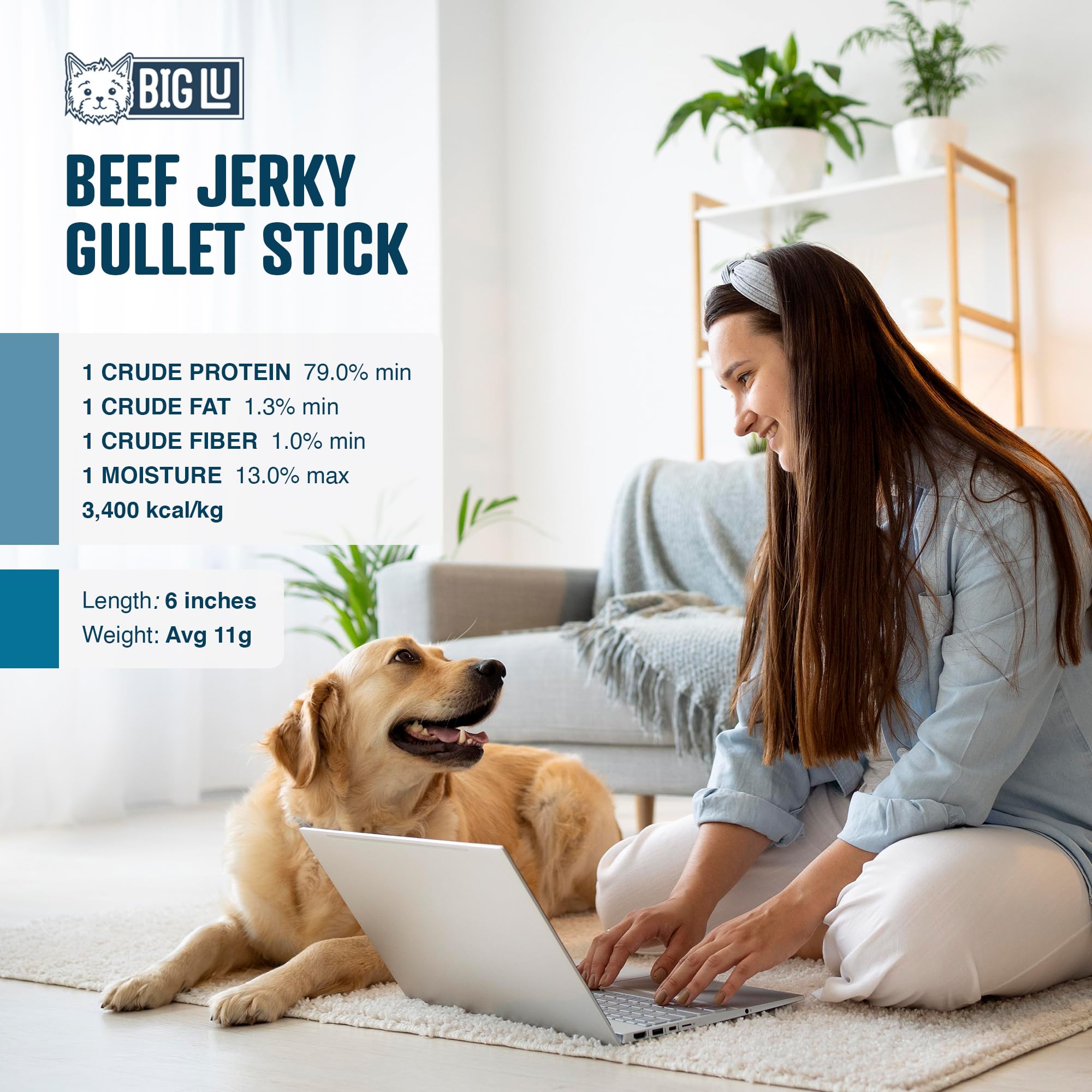 Big Lu - Jerky Gullet Stick Dog Chews, Premium 100% Beef, All-Natural Dog Treats, Rich in Glucosamine and Chondroitin for Joint Health, 6-Inch Sticks (12 Sticks)