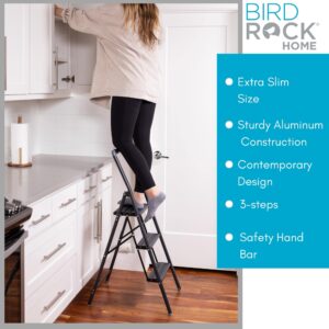 BIRDROCK HOME Slim Aluminum Step Ladder - Lightweight Folding Step Stool for Kitchen, Home, Tall Cabinets, or Closet - Compact Narrow Metal Stepstool with Anti-Slip Steps - 3 Step Ladder for Adults