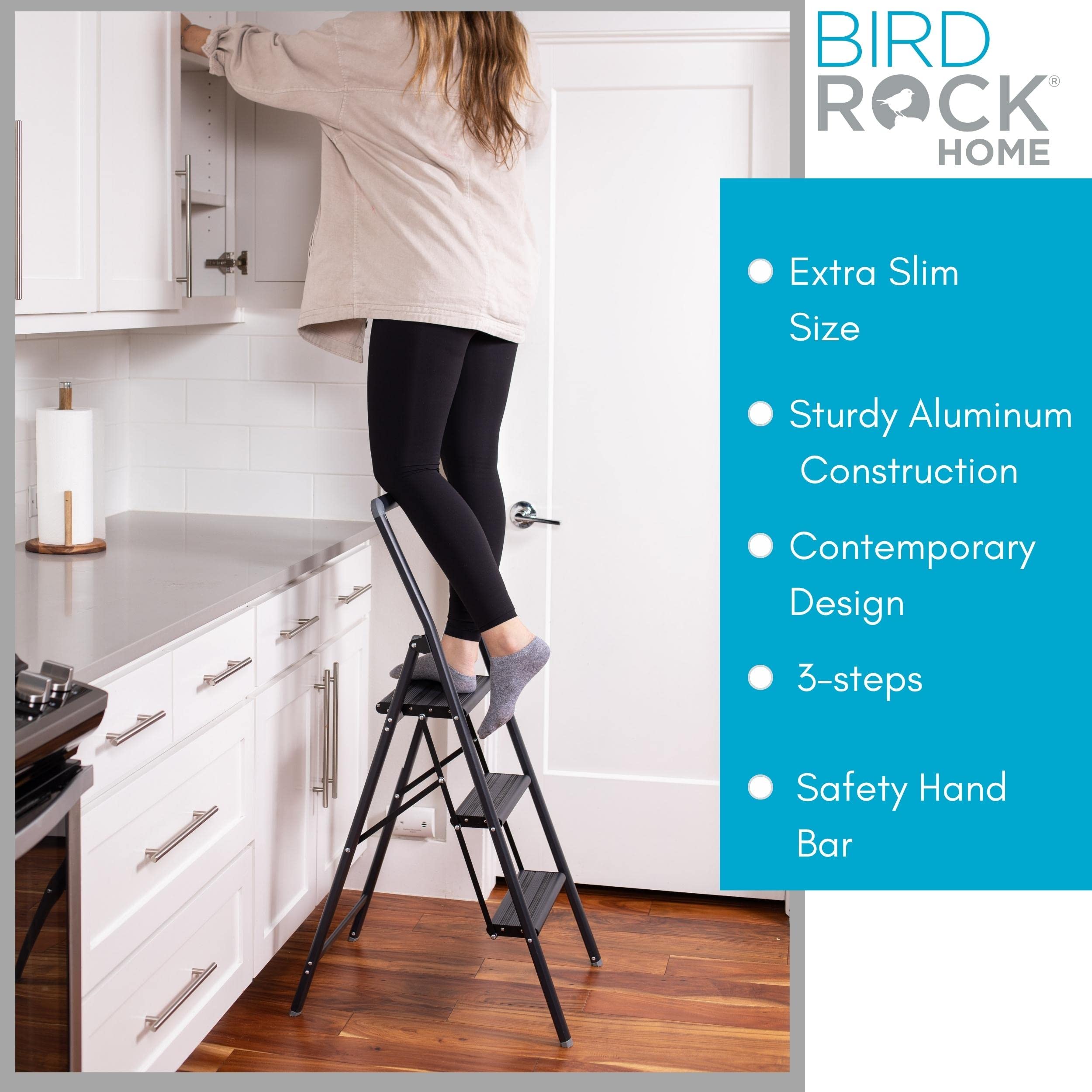 BIRDROCK HOME Slim Aluminum Step Ladder - Lightweight Folding Step Stool for Kitchen, Home, Tall Cabinets, or Closet - Compact Narrow Metal Stepstool with Anti-Slip Steps - 3 Step Ladder for Adults