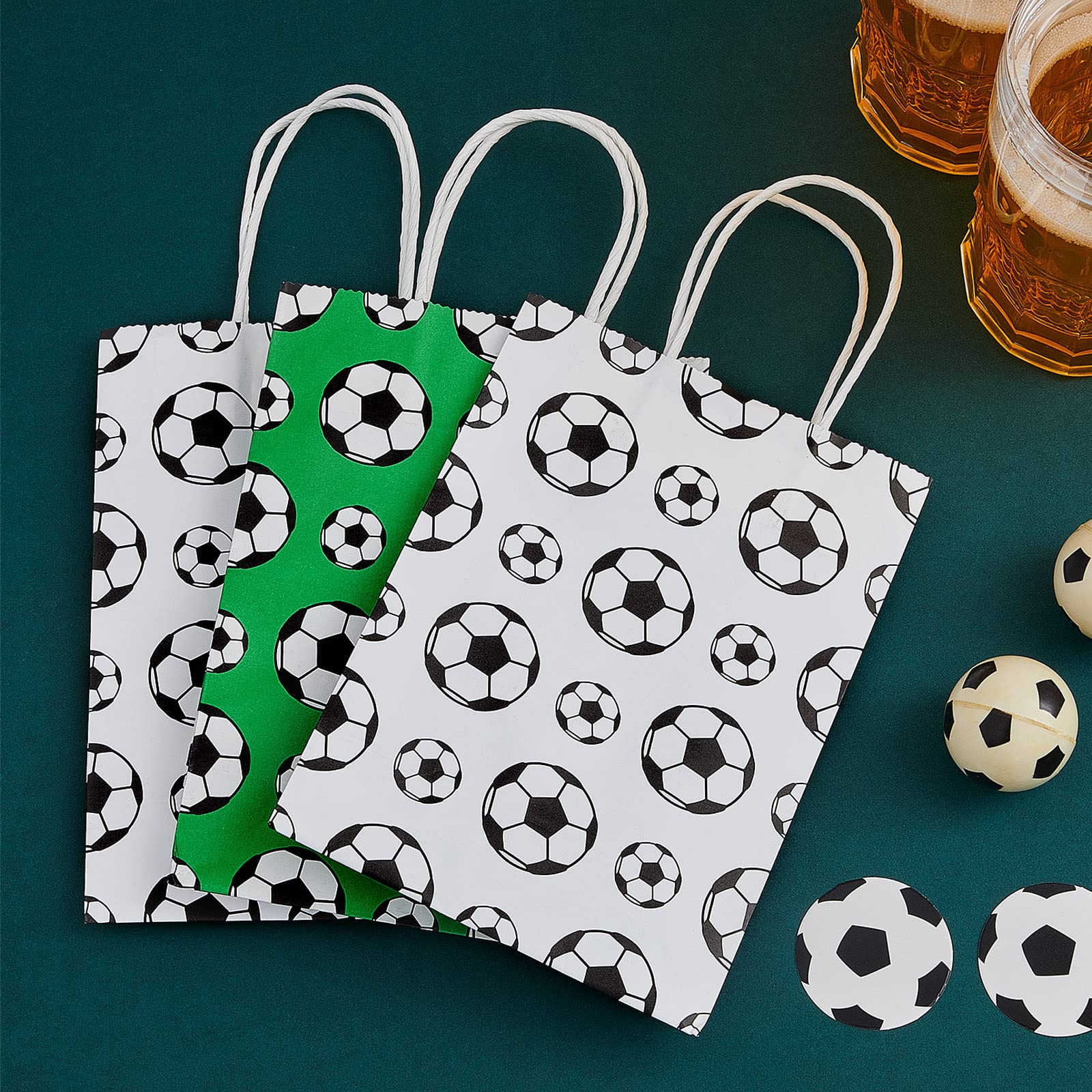 24 Pieces Soccer Party Favor Bags Soccer Goody Treat Candy Bags Soccer Goodie Bags Soccer Snack Bags Paper Soccer Gift Bags with Handles for Kids Soccer Birthday Party Supplies Decorations, 2 Styles