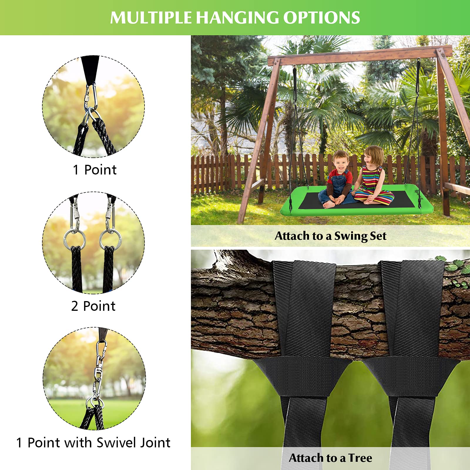 Goplus 700LBS 60 Inch Giant Platform Tree Swing for Kids and Adults, Indoor Outdoor Adjustable Rectangle Swing w/ 2 Hanging Straps & Steel Frame, Waterproof Swing Set for Yard Porch Backyard (Green)