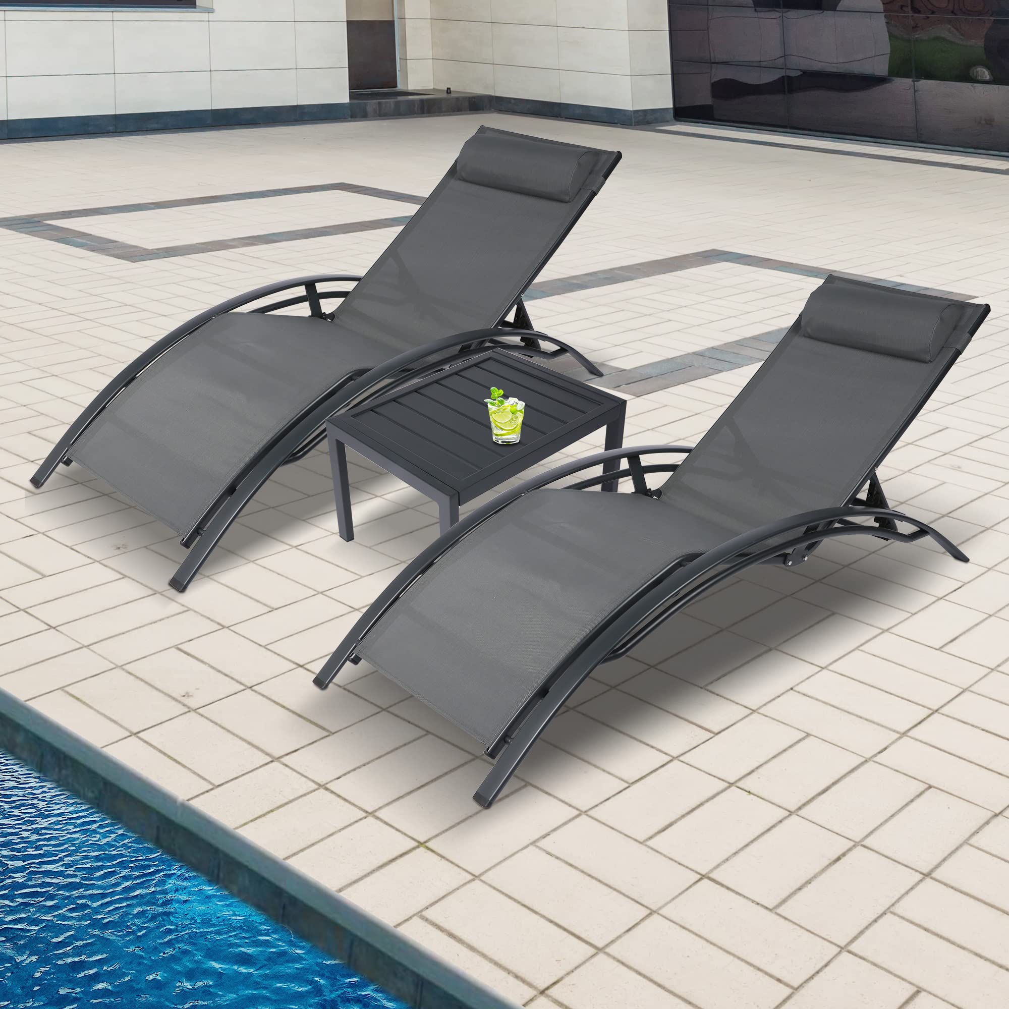 Outdoor Chaise Lounge Set of 3 Pool Lounge Chairs for Outside, Patio Lounge Chairs Set with Adjustable Backrest for All Weather, Including Side Table, 350lbs Weight Capacity Pool Furniture Set, Grey