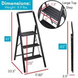 BIRDROCK HOME Slim Aluminum Step Ladder - Lightweight Folding Step Stool for Kitchen, Home, Tall Cabinets, or Closet - Compact Narrow Metal Stepstool with Anti-Slip Steps - 3 Step Ladder for Adults