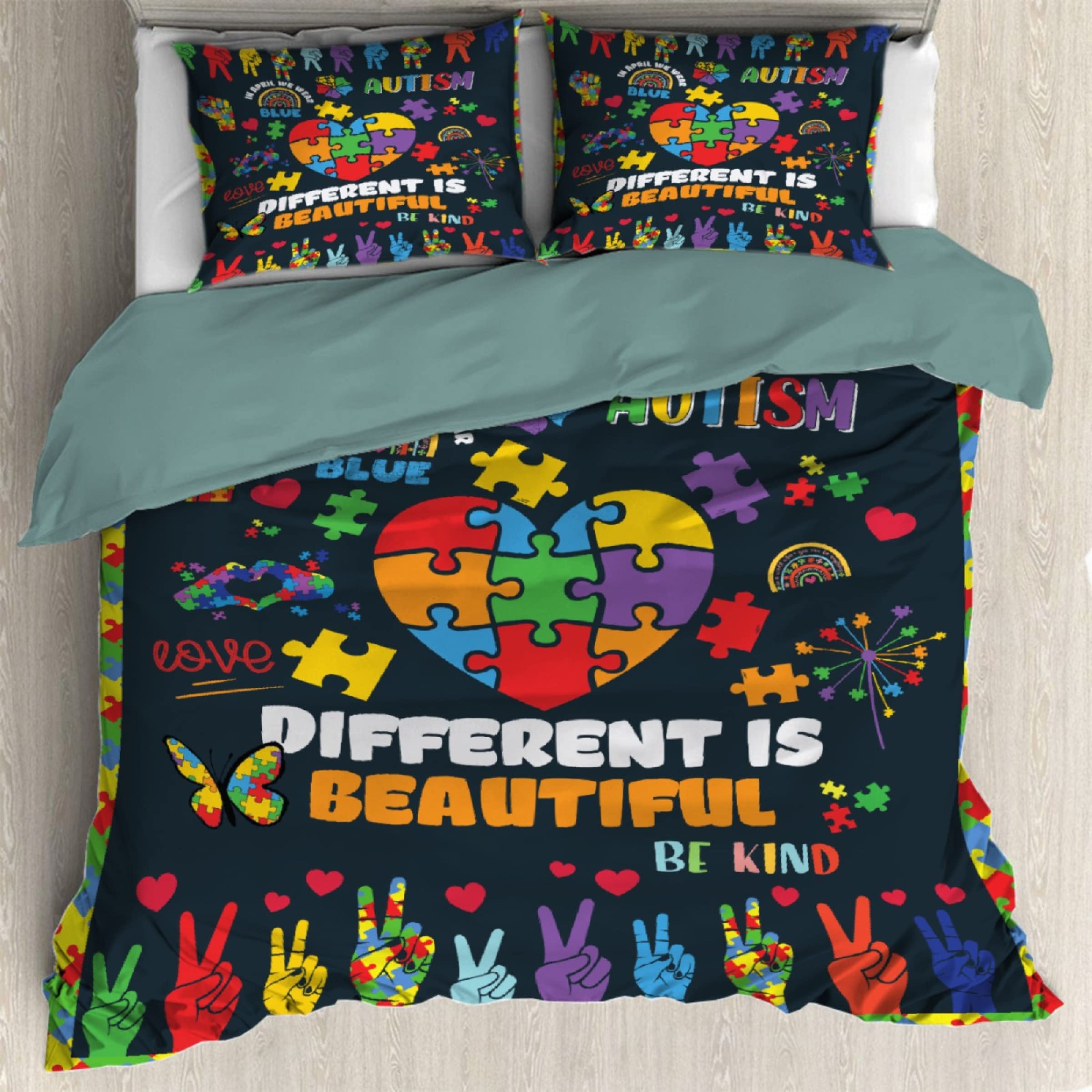 Autism Awareness Black Duvet Cover Set, Sumedha, Good Choice of Bedding, 3 Piece Set, Include 2 Pillowcases, 1 Duvet Cover, Full Size 80'' x 90''