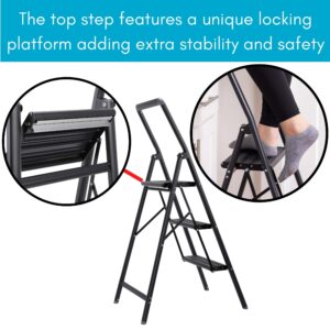 BIRDROCK HOME Slim Aluminum Step Ladder - Lightweight Folding Step Stool for Kitchen, Home, Tall Cabinets, or Closet - Compact Narrow Metal Stepstool with Anti-Slip Steps - 3 Step Ladder for Adults