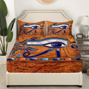 Egyptian Fitted Sheet Egypt Style Bedding Sets Navy Blue Eyes Bed Sheets For Boys Adults Ancient Egyptian Pyramids Pharaoh Top Flat Sheet Deep Pocket With 2 Pillow Cases Bedroom Decor Full