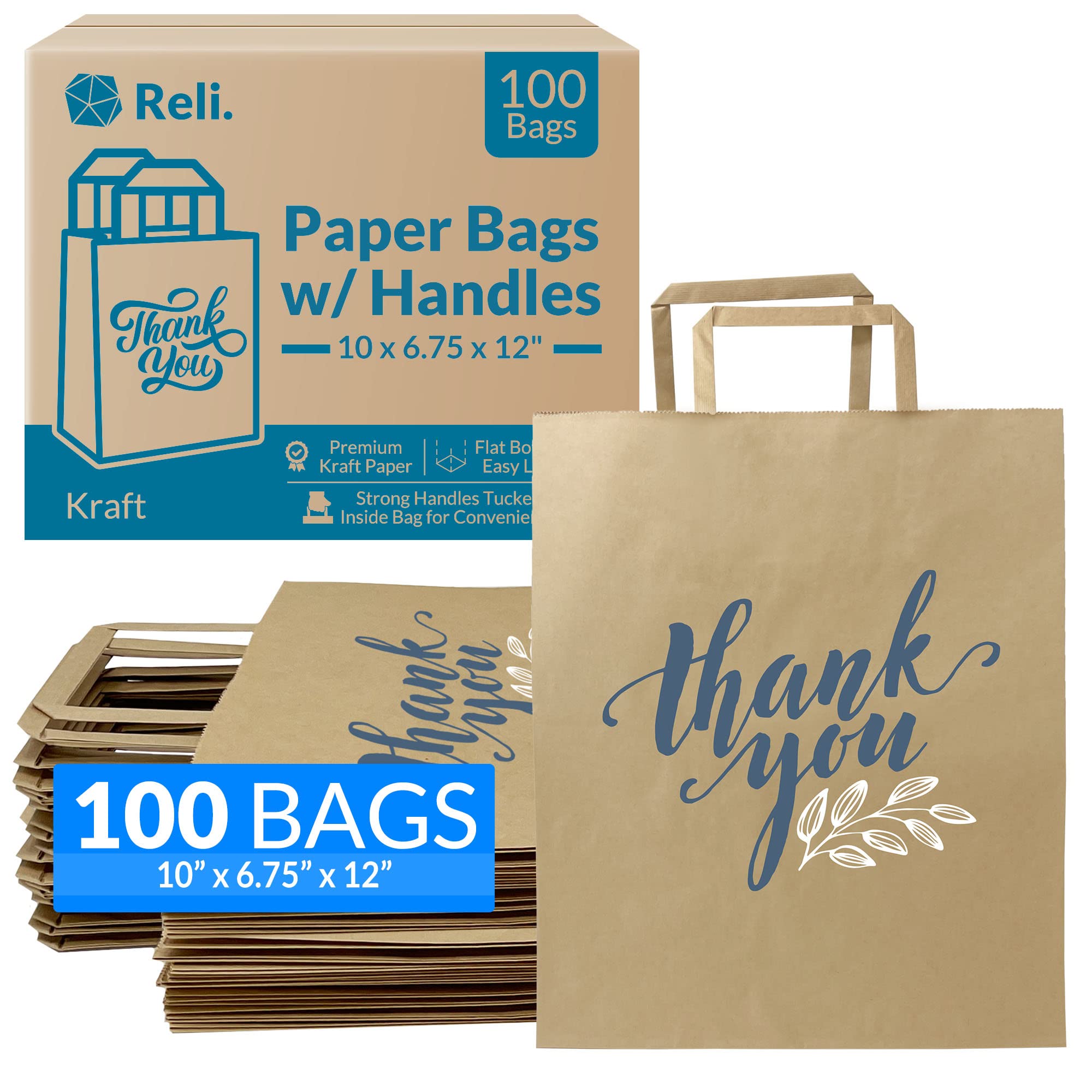 Reli. Brown Paper Bags w/Handles | 100 Pcs Bulk | 10"x6.75"x12" | Paper Thank You Bags | Printed Kraft Paper Bags, Shopping Bags, to Go Bags, Thank You Gift Bags, Wedding |25% Larger Than 10"x 5"x13"