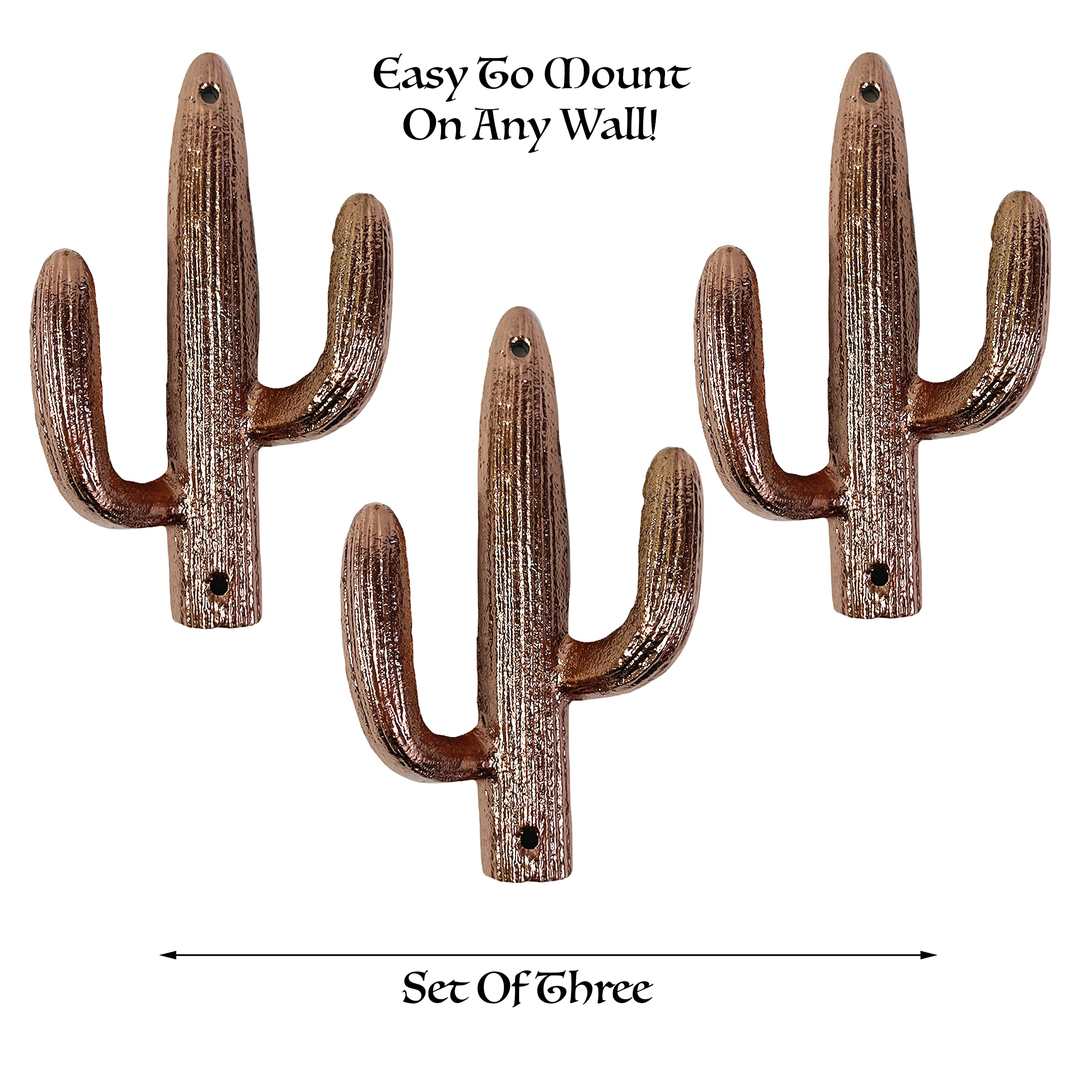 Urbalabs Cast Iron Cactus Hooks for Wall Double Cactus Coat Key Hanger Southwestern Western Wall Home Rustic Cactus Decor, Cactus Coat Rack, Bags, Towels and More Metallic Copper 3 Pack (Copper)