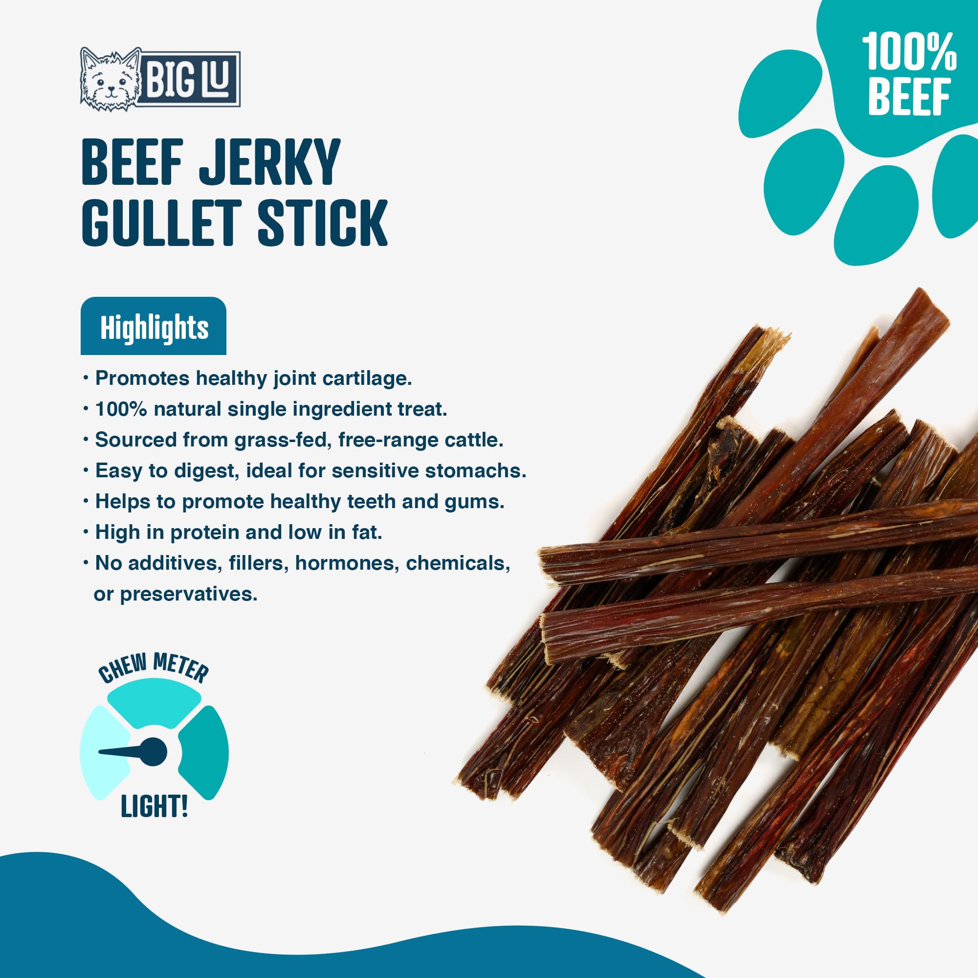 Big Lu - Jerky Gullet Stick Dog Chews, Premium 100% Beef, All-Natural Dog Treats, Rich in Glucosamine and Chondroitin for Joint Health, 6-Inch Sticks (12 Sticks)