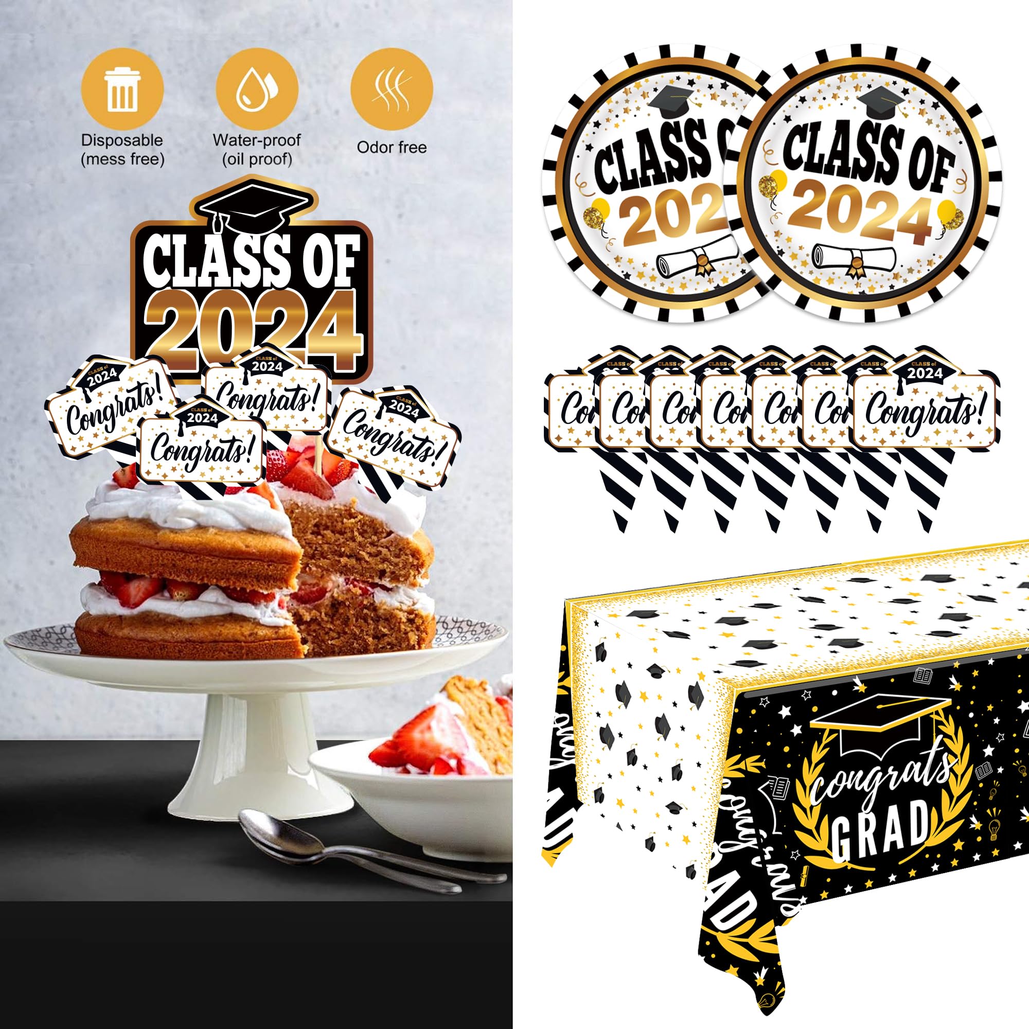 graduation decorations class of 2024 black gold - (89pack) Congrats Grad Banners, class of 2024, Hanging Swirl, Balloons, Tablecloths, Cupcake Topper, Plates, Photo Props, senior 2024 Sash