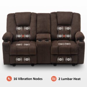 MCombo Fabric Power Loveseat Recliner with Console, Electric Reclining Loveseat Sofa with Heat and Massage, Cup Holders, USB Charge Port for Living Room 6045 (Brown)